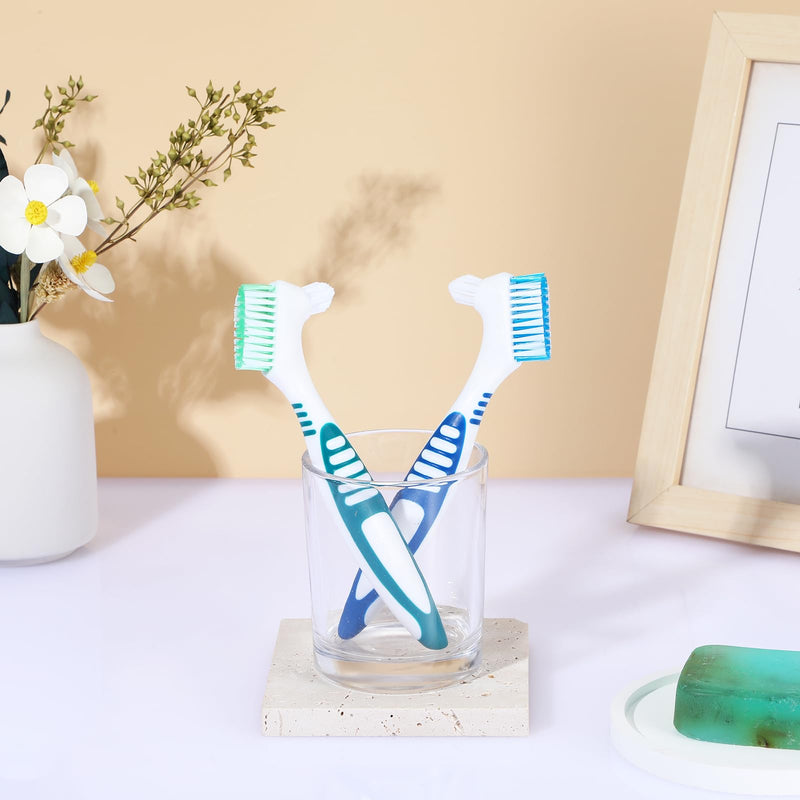 [Australia] - 2Pack Denture Brush Denture Toothbrushes Double Sided Denture Cleaning Brush Set Premium Hygiene Denture Cleaner Set Multi-Layered Bristles Rubber Handle(Blue/Green) Blue/Green 