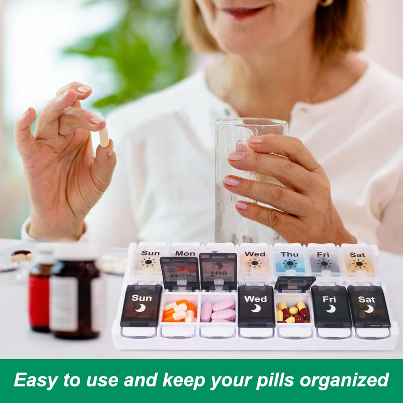 Shintop Weekly Pill Organizer 2 Times a Day, 7 Day Am Pm Pill Box | Arthritis-Friendly Push Buttons, Removable Lid, 14 Large Compartments for Vitamins and Fish Oil, BPA-Free PP, Silicone Hinges Black&white