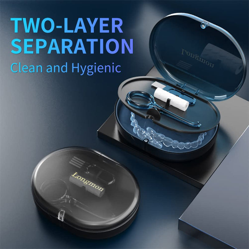 [Australia] - 2 Pack Blue New Double-layer Aligner Case with Belt Chewing,Removal Tool,Cleaning Brush,Built in Mirror Orthodontic Case 