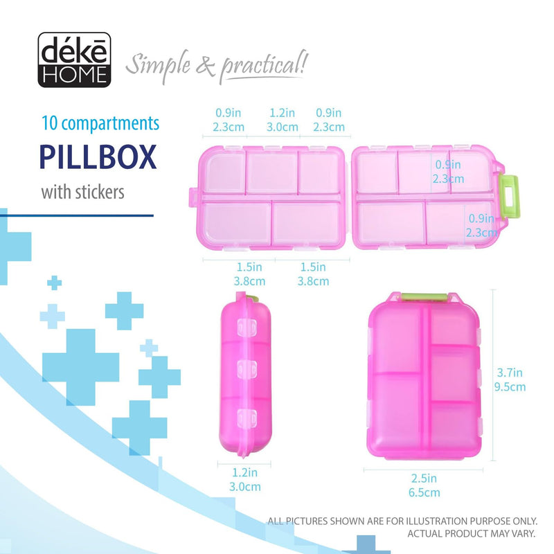Deke Home - Portable Pill Organizer with 10 Large Compartments & 14 Medication Labels, Daily Pill Box for Vitamins, Supplements & Medicine, Portable Travel Case (Pink) Pink