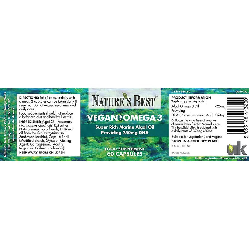 Pure Plant Power: Vegan Omega 3 Oil 625mg - 60 Vegan Capsules, 2-Month Supply | High-Strength DHA, 100% Sustainable, One-A-Day, Contributes to the Maintenance of Normal Vision & Brain Function
