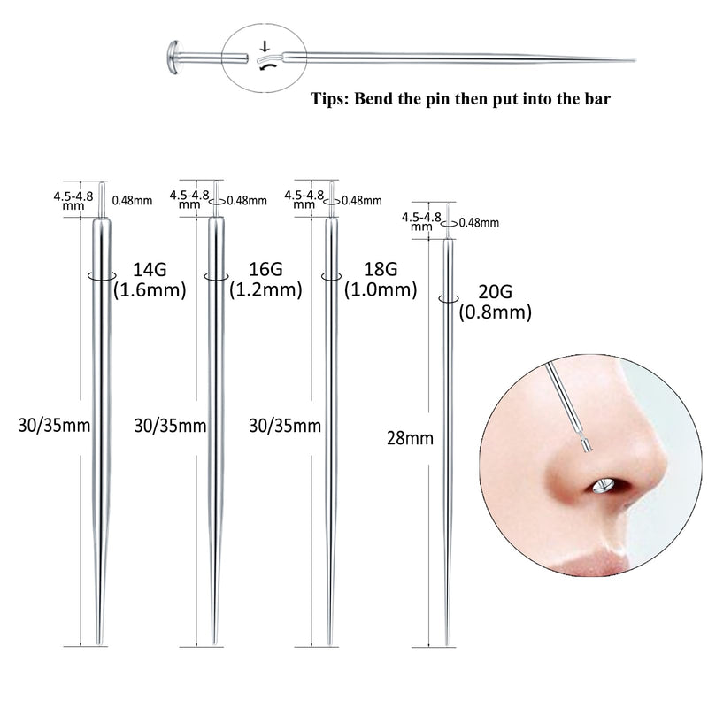 [Australia] - Aumeo G23 Titanium Threadless Piercing Taper 14G 16G 18G Piercing Insertion Pin Taper for Nose Lip Monroe Ear Tragus Helix Push in Body Piercing Stretching Kit Assistant Tool Straight-16G,18G 