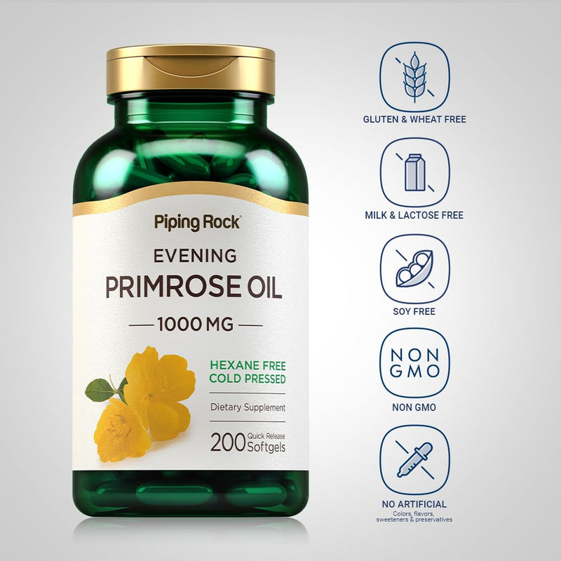 [Australia] - Piping Rock Evening Primrose Oil Capsules 1000mg | 200 Softgels | Cold Pressed Supplement | Non-GMO, Gluten Free 