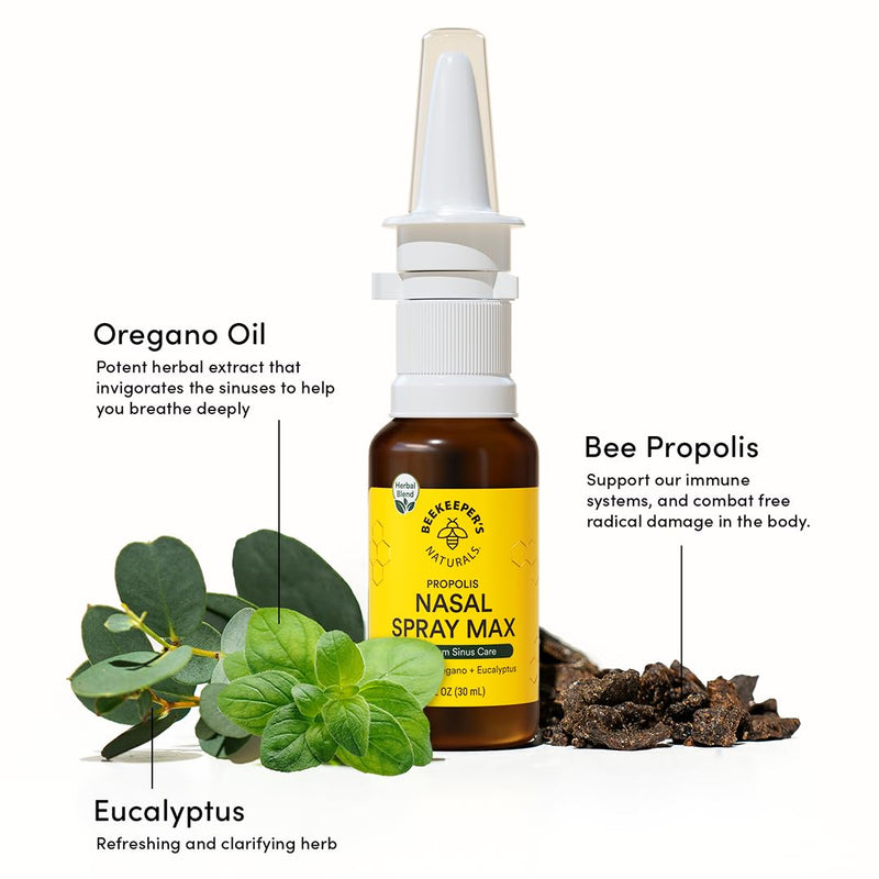 [Australia] - Beekeeper's Naturals Propolis Nasal Rinse Spray Max, Relief for Adults w/Eucalyptus, Oregano & Saline, Clears Nasal Congestion, Moisturizes Sinus Canal, & Decongest Sinus Cavities, 1 fl oz 1 Fl Oz (Pack of 1) 