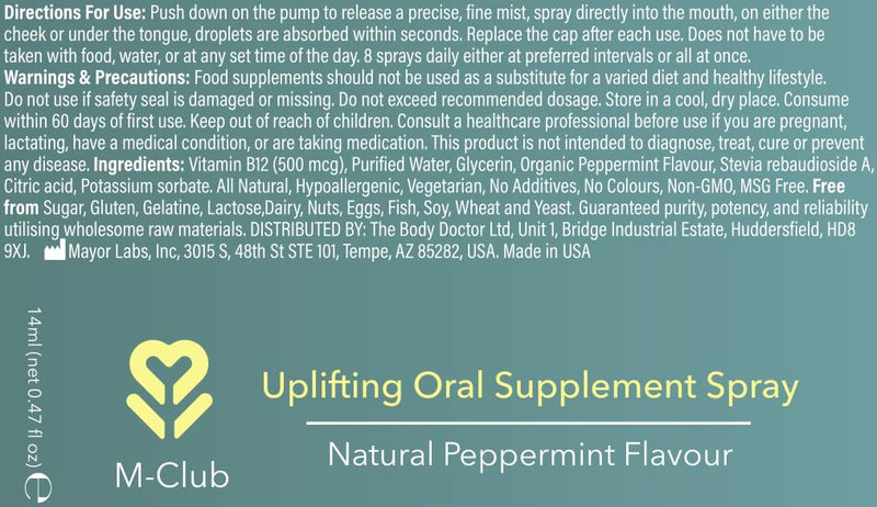 Vitamin B12 Uplifting Oral Supplement Spray 14ml – Fast-Absorbing B12 for Energy, Focus & Menopause – Vegan Friendly, Non GMO, No Additives, Peppermint Flavour – 30-Day Supply 14 ml (Pack of 1)