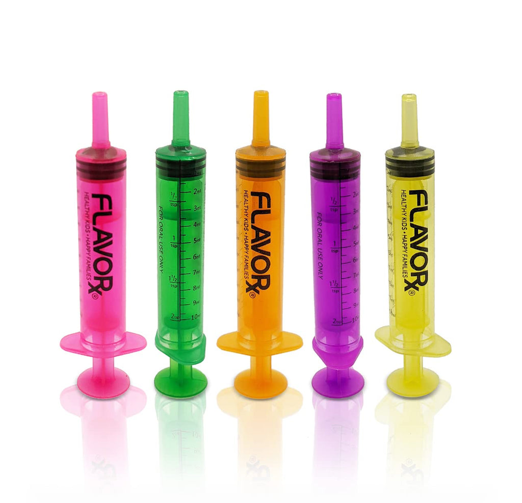 Rainbow Dose Oral Dosing Syringes | No More Medicine-Time Meltdowns! | 5 Uniquely Colored Syringes | 10ml (2tsp) Each | 3 Bottleneckers Included | New & Improved!