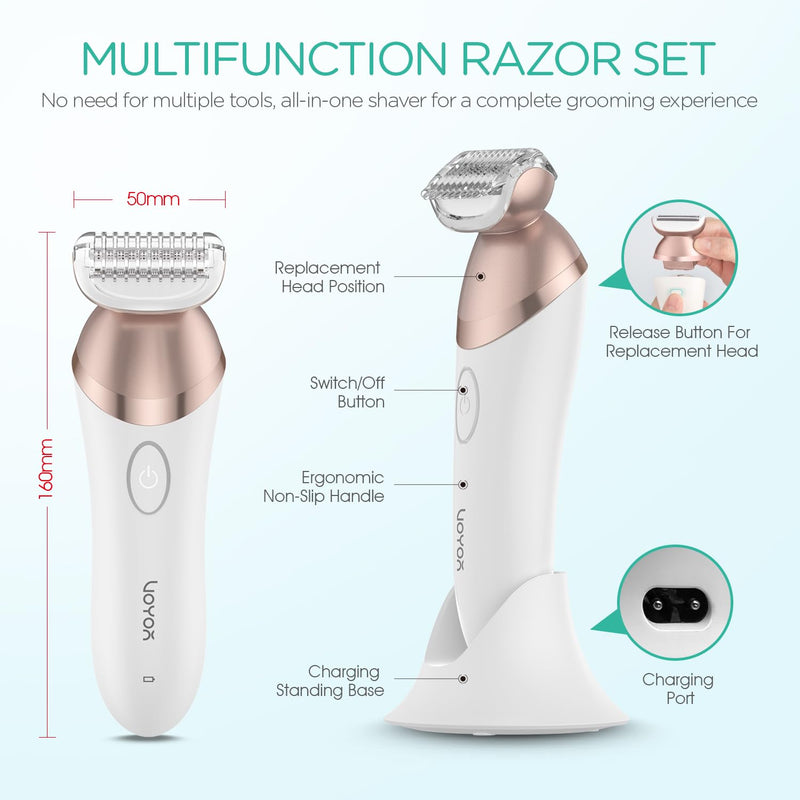 [Australia] - VOYOR Electric Razors for Women 4 in 1 Bikini Trimmer, Foil Shaver for Women 4 Replacement Heads for Body, Pubic Hair Trimmer, Cleansing, Massage 2 Adjustable Speeds Rechargeable Shaver ES501 (Gold) Gold 