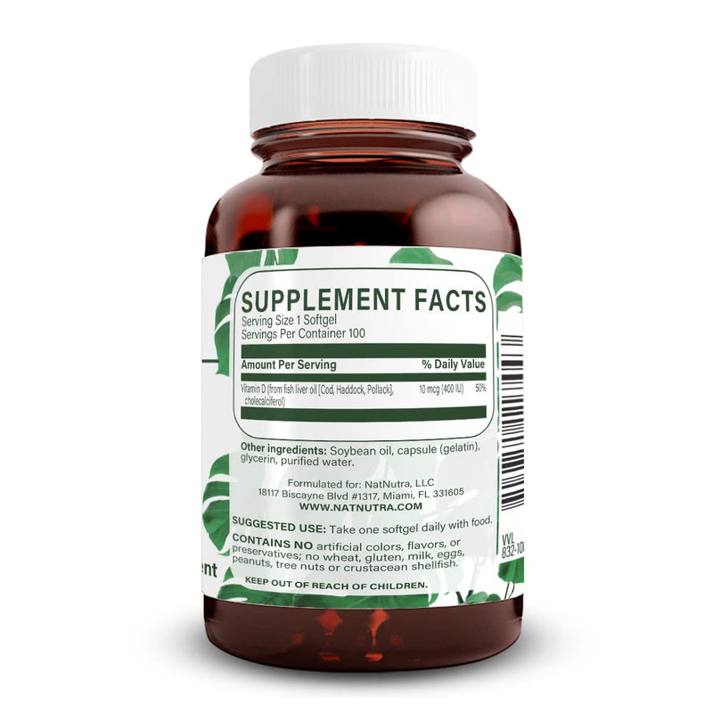 Natural Nutra Vitamin D3 400 IU Softgels, Gluten-Free Vitamin D, 100 Count | Supports Immune Function, Bone & Teeth Support, Cardiovascular Support Unflavored 100 Count (Pack of 1)