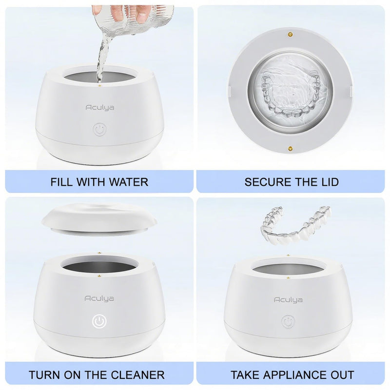 [Australia] - Ultrasonic Retainer Cleaner Machine 48kHz Denture Cleaner 200ml Dental Appliance Cleaner for Aligner, Night Guard, Brace, Jewelry White 