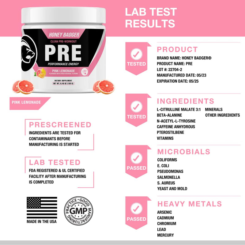 [Australia] - Honey Badger Pre Workout Powder, Keto Vegan Preworkout for Men & Women with Vitamin C for Immune Support, Beta Alanine & Caffeine, Sugar Free Natural Energy Supplement, Pink Lemonade, 30 Servings 