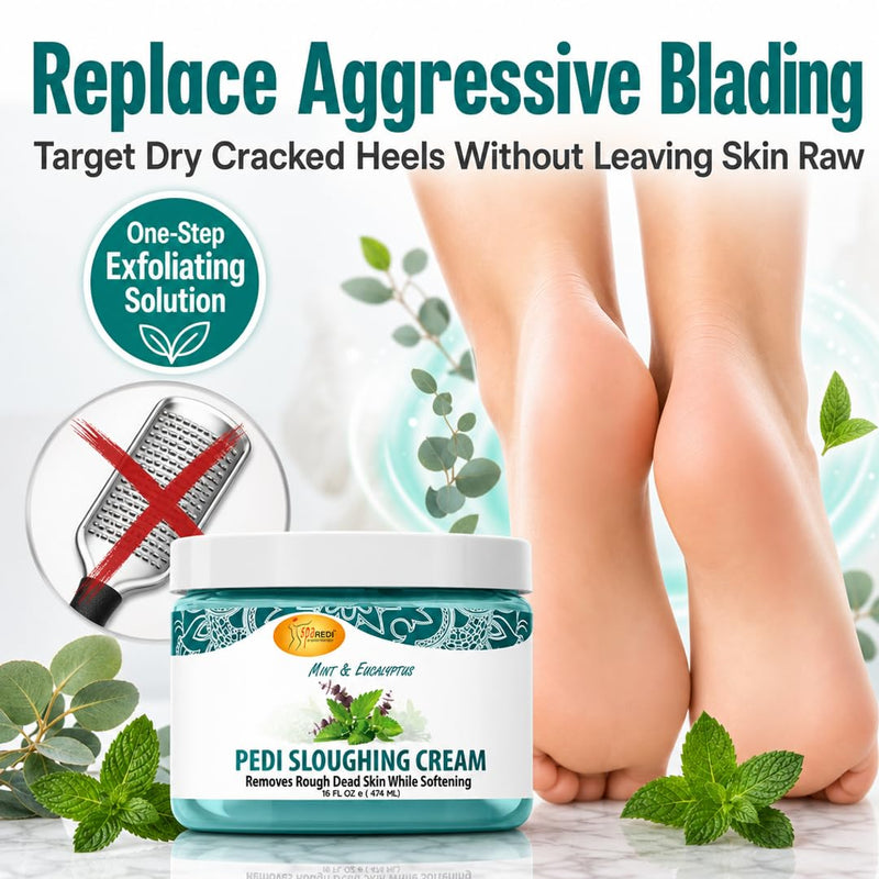 SPA REDI Exfoliating Foot Cream – Pumice & Amino Acid Callus Remover for Dry, Cracked Heels | Dual-Action Sloughing & Deep Hydration | Mint & Eucalyptus | Cruelty-Free | Made in USA | 16 oz