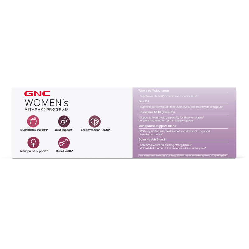 GNC Women's 50+ Vitapak, 5-in-1 Multivitamin Pack, 30 Servings | Supports Healthy Hormones with Soy Isoflavones, Energy and Immunity with Iron, Biotin, and Zinc, Plus CoQ10 for Heart Health