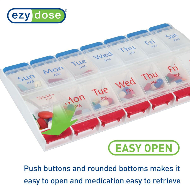 EZY DOSE Push Button (7-Day) Pill Case, Medicine Planner, Daily Vitamin Organizer, 2 Times a Day AM/PM, Large Compartments, Arthritis Friendly, Easy to Use, Clear Lids, Red/Blue, BPA Free (Pack of 2) 1 Count (Pack of 2)