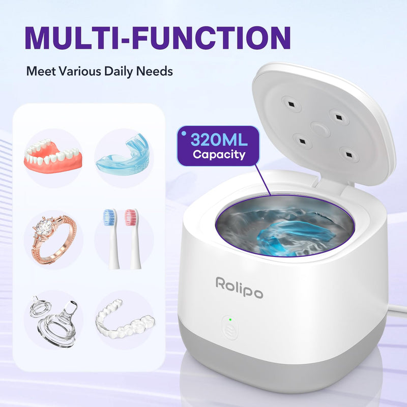 [Australia] - Ultrasonic Retainer Cleaner 320ML, 45kHz Denture Cleaner with 4 Lamps, Dental Cleaning Pod for Mouth Guard, Aligner, Braces, Toothbrush Head, Jewelry Cloud White 