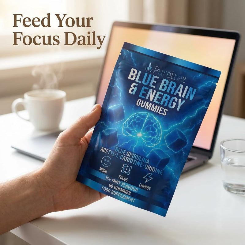 Puretrex Nootropic Gummies Blue Brain, 60 Count, Brain Focus and Energy Support, Memory and Cognitive Performance, Mental Clarity, Blue Spirulina, Acetyl L Carnitine, Made in UK, Ice Mint