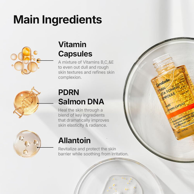Genabelle PDRN Vitamin C Serum Toning Ampoule - Lightweight Glass Skin,korean skin care with Vitamin B, C, E, PDRN, Serum for Blemishes, Glass Skin, Fine Lines and Rough Skin Texture, 1.01 fl oz 1.01 Fl Oz (Pack of 1)