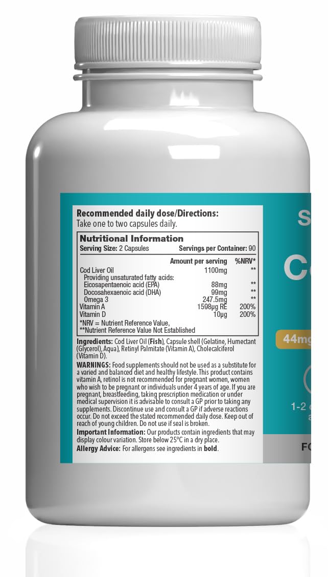 Pure Cod Liver Oil 550mg | Rich in Essential Fatty Acid, EPA, DHA & Omega 3 | Vitamin A & D | 360 Soft-Gel Capsules = Up to 1 Year Supply | UK Made | Made with MSC-Certified Sustainable Cod Liver Oil Unflavoured 180 count (Pack of 2)