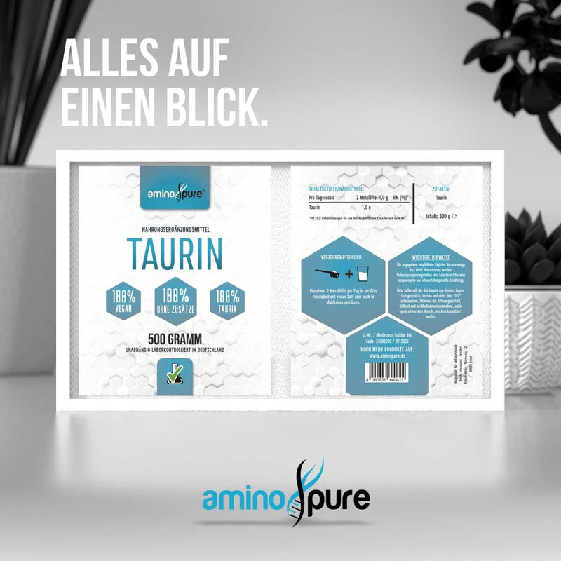 [Australia] - aminopure® | Taurine powder pure | pure and vegan taurine without additives | 500 servings (1 gram per day) | tested for harmful substances in the laboratory with certificate | 500 grams 