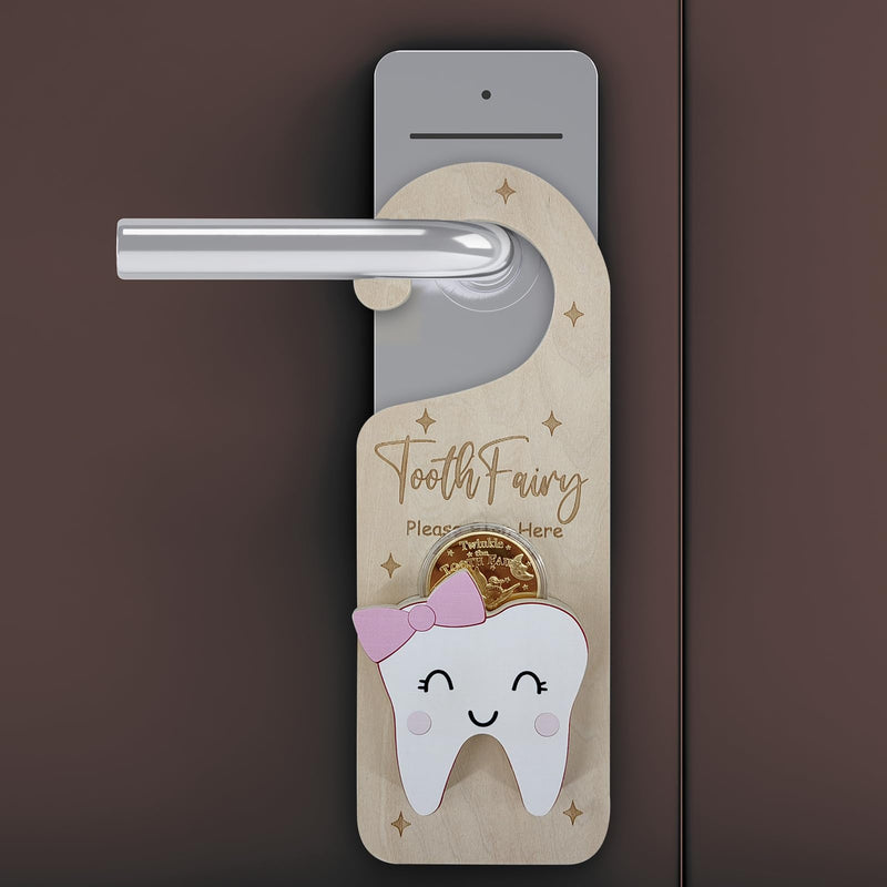 [Australia] - Tooth Fairy Door Hanger, Wooden Tooth Fairy Holder with Tooth Coins for Lost Tooth Kids Gifts - Pink 