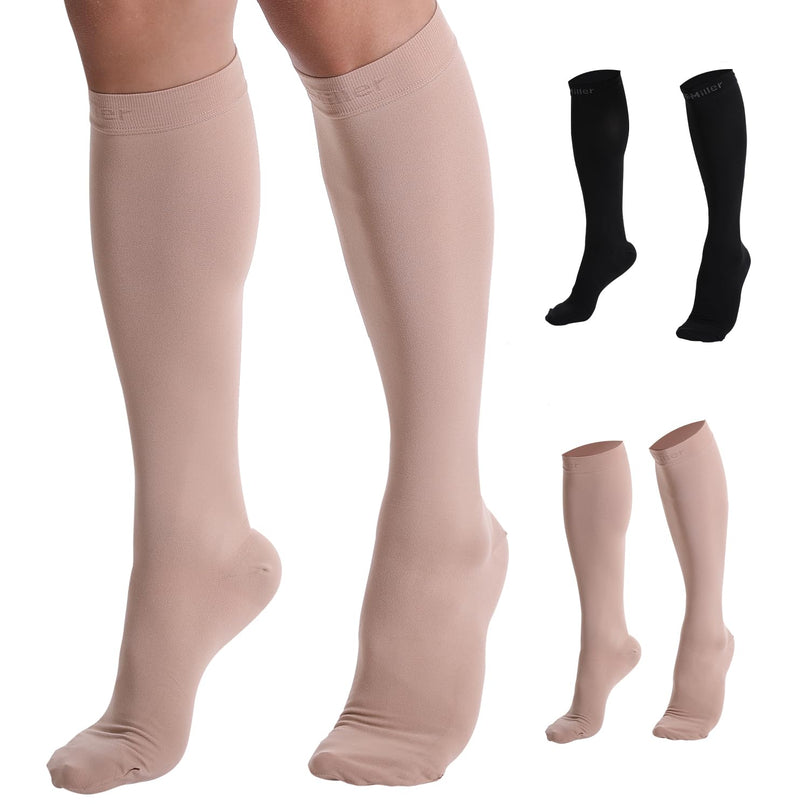 Doc Miller - Compression Socks for Women & Men - 8-15 mmHg Knee High, Medical Grade Support - Sports, Travel, Nurse, 1 Pair XX-Large Beige