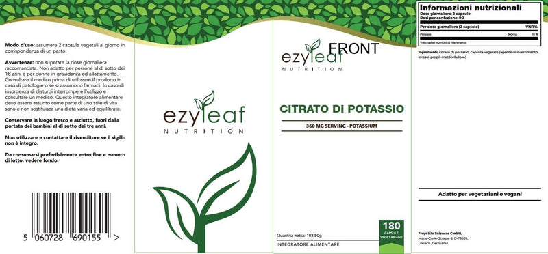[Australia] - Ezyleaf Potassium Citrate | 180 high-dose potassium capsules - 1000mg potassium per serving | Potassium high dose | No fillers, non-GMO, gluten, dairy and allergen free 