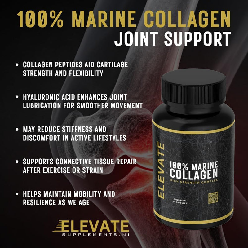 Elevate Supplements 100% Marine Collagen (Type 1), 60 Capsules | Added Hyaluronic Acid, Vitamin C & Biotin for Skin, Hair, Nail, Joint & Nervous System Support | Multi-Benefit Beauty Supplement