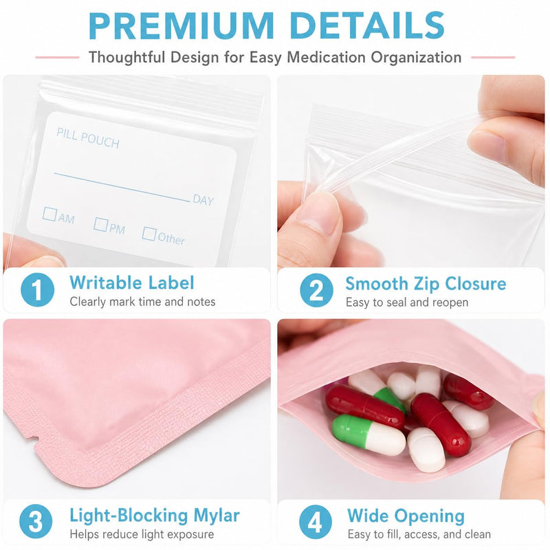 114PCS Travel Pill Organizer - RAINFLOW Bpa Free Pill Bags for Travel, Pack of 50 Clear Label Writing Baggies 50 Mylar Bags 7 Colors Small Ziplock Bag 7 Pill Box AM PM Supplements Baggies