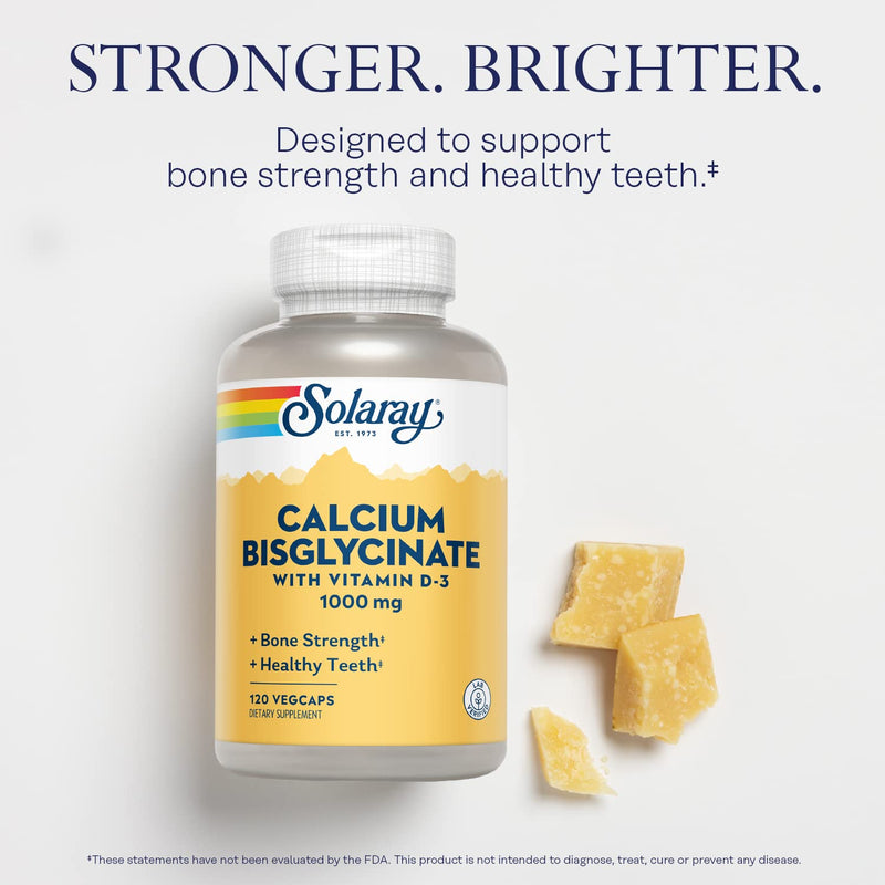 SOLARAY Calcium Bisglycinate Supplement 1000mg for Women & Men 120 Veg Caps | Calcium with Vitamin D3, Bone Strength & Teeth Health Support, Chelated Capsules, Easy to Digest