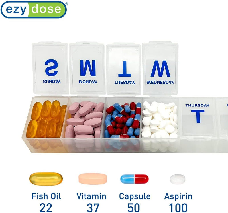 EZY DOSE 3XL Jumbo Weekly (7-Day) Pill Organizer, Vitamin and Medicine Box, Easy Open White Translucent - 2 Pack (3XL - 2 Pack)