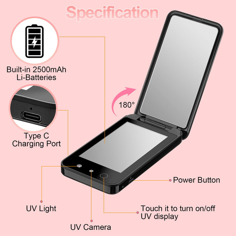 UV Camera for Sunscreen Test UV Mirror Sunscreen Camera, 4 Inch Vanity Mirror Rechargeable Compact Travel Makeup Mirror Handheld Double-Sided Pocket Mirror for Skin Protection(Dark Black) Dark Black