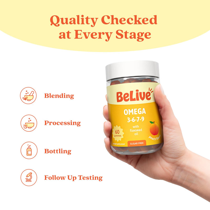 BeLive Omega 3 6 7 & 9 Gummies for Healthy Heart and Brain, Zero Sugar | From Flaxseed Oil & Sea Buckthorn Fruit Oil for Full Body Overall Support, Brain & Eye, Bone & Joint - Peach Flavor - 60 Ct 1
