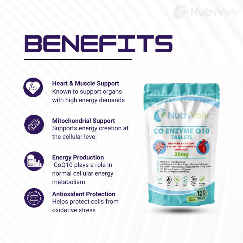 Ubiquinone Co Enzyme Q10 30mg | 120 Tablets | Vegan Friendly | Naturally Fermented High Absorption Coenzyme CoQ10 | Popular for Statin Users | Oxidative Stress Protection | Made in UK | by NutriVolv