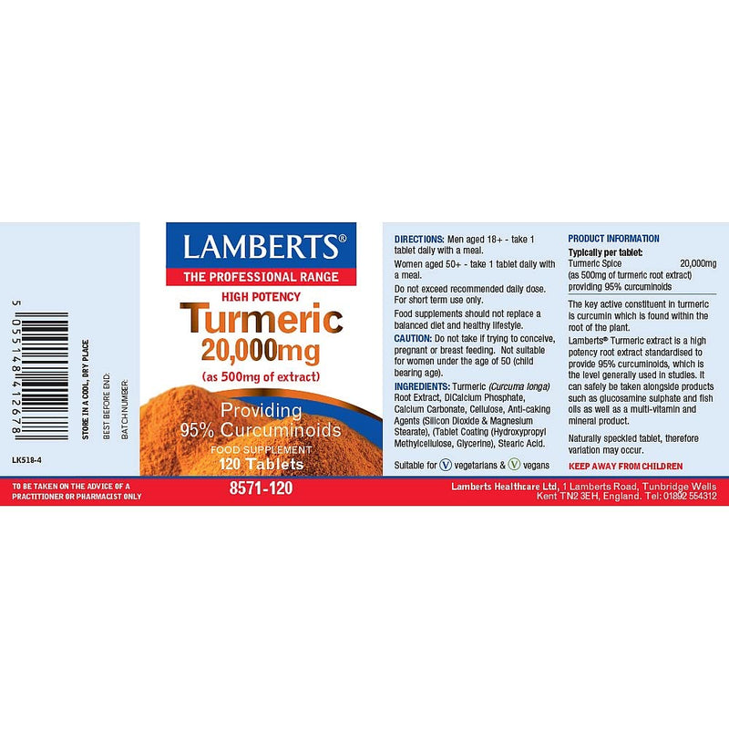 Lamberts Turmeric Tablets – High Potency 20,000mg Root Equivalent – Standardised 95% Curcumins – 60 Tablets
