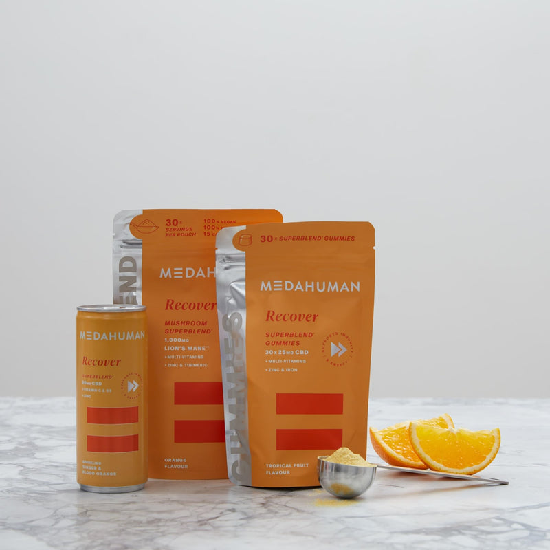 Medahuman Recover Superblend Recovery Powder with Lion's Mane Mushroom, B Vitamins, Zinc, Turmeric & Ginger – Orange Flavour Adaptogen Post Workout Support – 150g