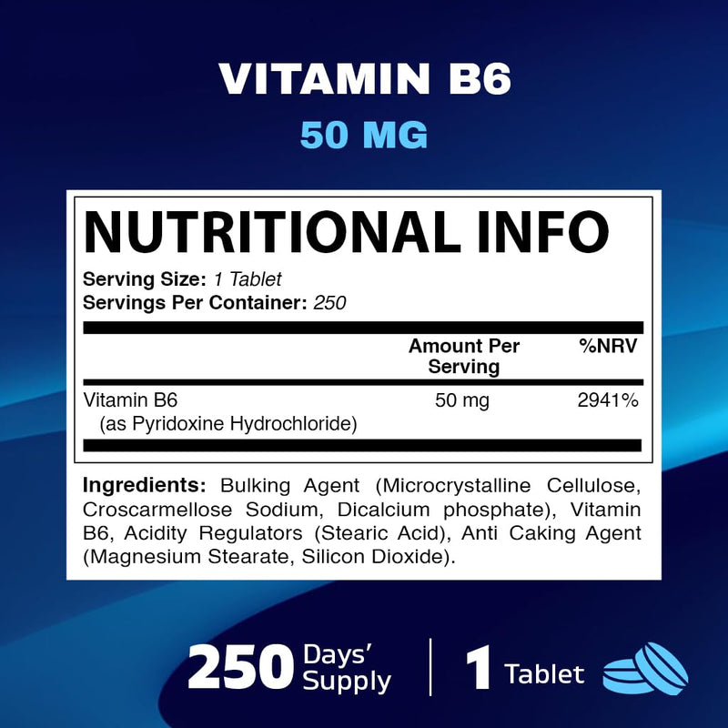 Vitamatic Vitamin B6 (Pyridoxine HCI), 50 mg 250 Vegetarian Tablets - Promotes Energy Production, boosts Metabolism and Immune Health Support