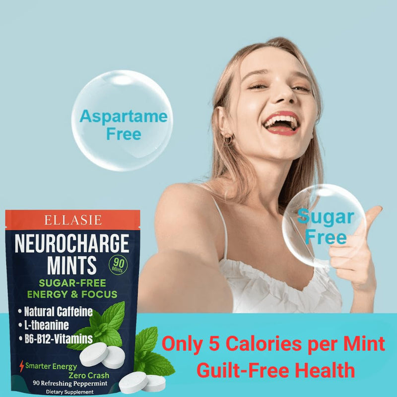 NeuroCharge Bullet Mint Chews (Gum Alternative) Peppermint 90 Sugar Free | 80mg Natural Caffeine + 120mg L-Theanine per Serving | Vitamin B12 & B6 | Work Study Gym Gaming | Ellasie