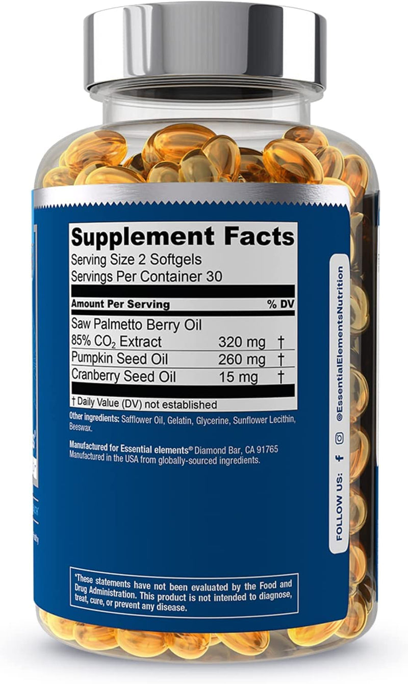 [Australia] - Saw Palmetto Plus - Prostate Health Supplement for Men with Pumpkin and Cranberry Seed Oil | Supports Bladder and Urinary Health by Essential Elements - 60 Softgels 60 Count (Pack of 1) 