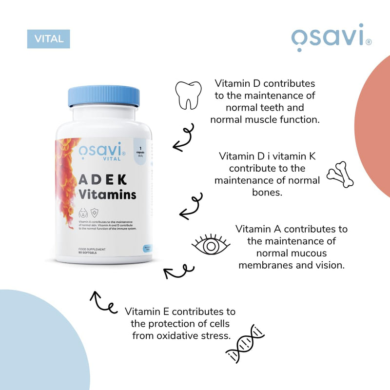Osavi ADEK Vitamins – 120 Softgels | Supports Immunity, Bones & Skin | Natural Beta–Carotene, D3, E & K2 for Immune Defense, Strong Bones, Healthy Skin, Vision & Muscle Function 120 count (Pack of 1)