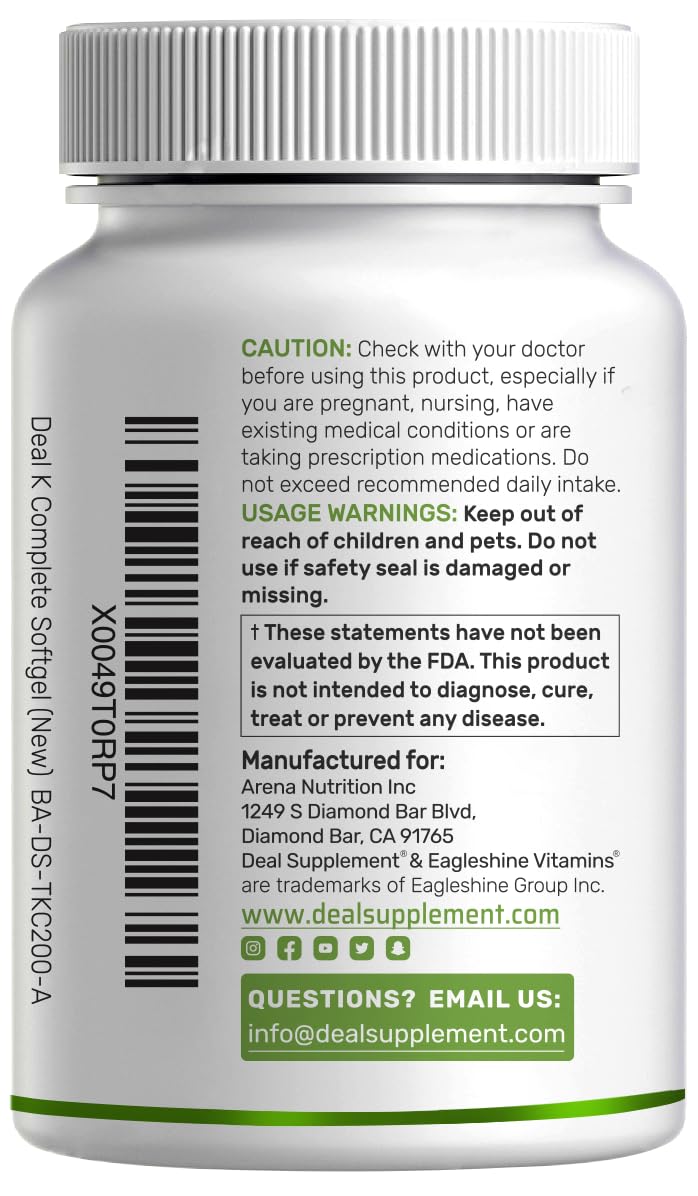 [Australia] - DEAL SUPPLEMENT Vitamin K Complete - 240 Coconut Oil Softgels | High Potency Vitamin K2 (MK-7 and MK-4) & K1 | Full Spectrum Triple Vitamin Ôº´ | Bone, Joint, & Immune Support ‚Äì Non-GMO 