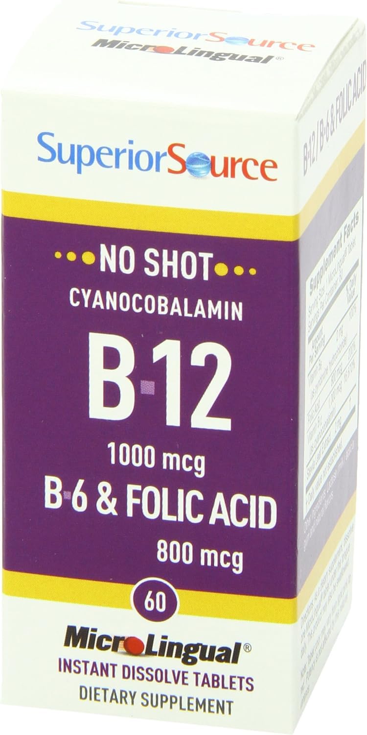 Superior Source No Shot Vitamin B-12 Cyanocobalamin 1000 mcg, B-6, Folic Acid 800 mcg - Support Brain & Heart Health - Aids Natural Energy Levels - 60 Sublingual Dissolving Tablets (Pack of 2) 60 Count (Pack of 2)