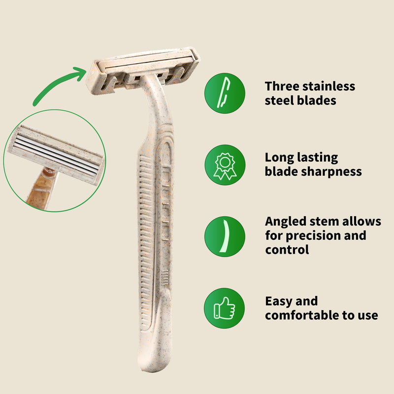 EZ Disposable Razor - 50pcs Eco Friendly Disposable Three Blade Shaving Razor for Men/Women's Grooming, Biodegradable Single-Use Body & Face Shaver for Eco Friendly Product Gifts