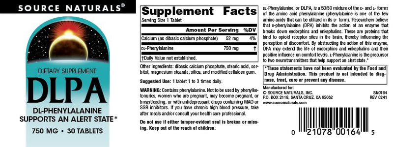 Source Naturals DLPA DL-Phenylalanine, 750 mg - 30 Tablets | Supplement that Supports an Alert State* 30 Count (Pack of 1)