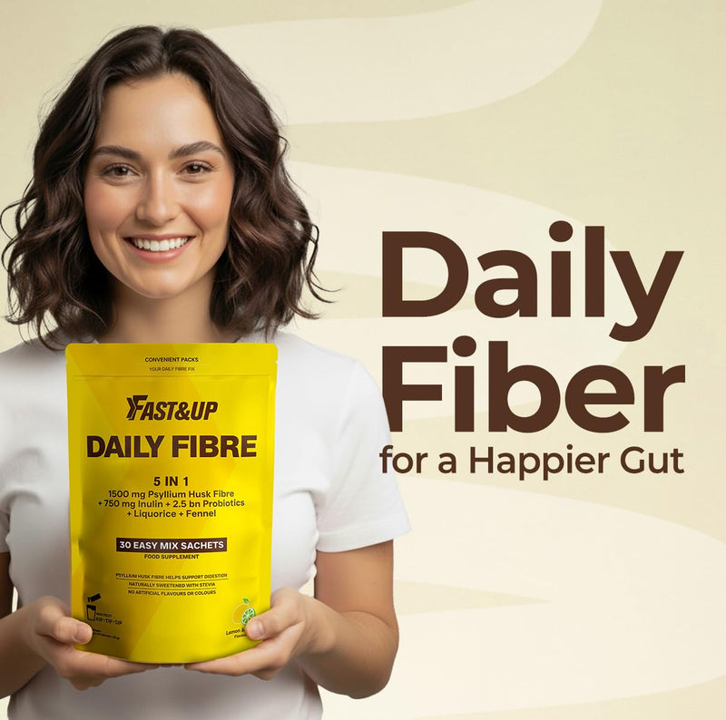 Fast&Up Daily Fibre 5 in1 - Psyllium Husk, Inulin, 2.5 bn Probiotics, Licorice & Fennel for Bowel Regularity & Digestion – Easy Mix Powder – 30 Stick Packs – Lemon & Lime Flavoured Drink