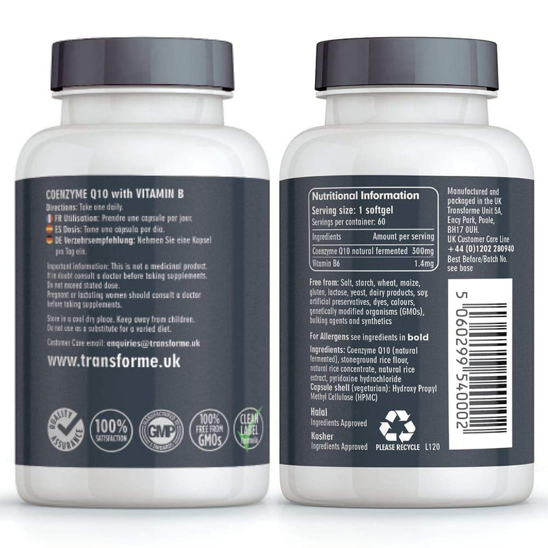 CoQ10 300mg with Vitamin B6 | 60 CoEnzyme Q10 Naturally Fermented Capsules | Vegetarian & Vegan | Natural Ingredients | Dairy & Gluten Free | Made in The UK by Transforme