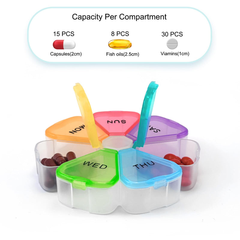 Quacc Weekly Pill Organizer Travel Pill Case, Sturdy Medcine Holder Rainbow | Portable Round Pill Container Box, Easy to Open and Fill, Large Compartments for Vitamin Fish Oil Pill Medication Supplement