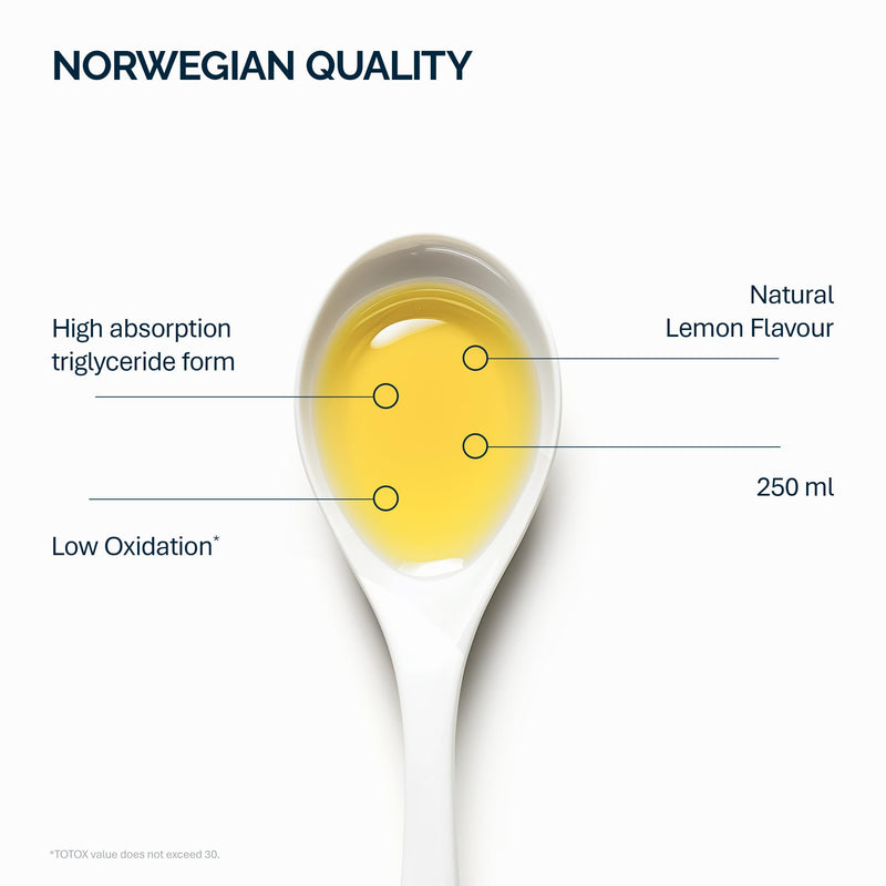 NFO Omega 3 Oil Lemon 250 ml – High Strength Liquid Fish Oil from Norway – Triglyceride Form with EPA DHA – Natural Lemon Taste – with Vitamin E
