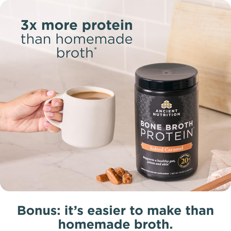 [Australia] - Ancient Nutrition Bone Broth Protein Powder, Salted Caramel, 19g Protein per Serving, Beef, Supports Healthy Skin, Gut Health, Joint Supplement, Gluten Free, Paleo and Keto Friendly, 20 Servings 