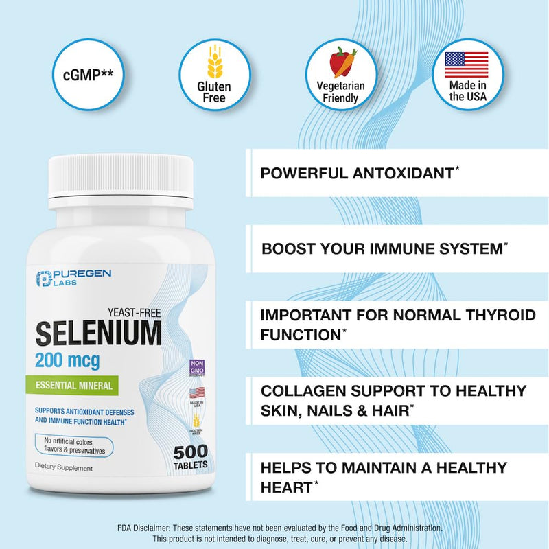 [Australia] - Puregen Labs Selenium 200 mcg Yeast Free Essential Mineral - 500 Vegetarian Tablets | Immune & Antioxidant Support | Non-GMO, Gluten Free, Made in USA 