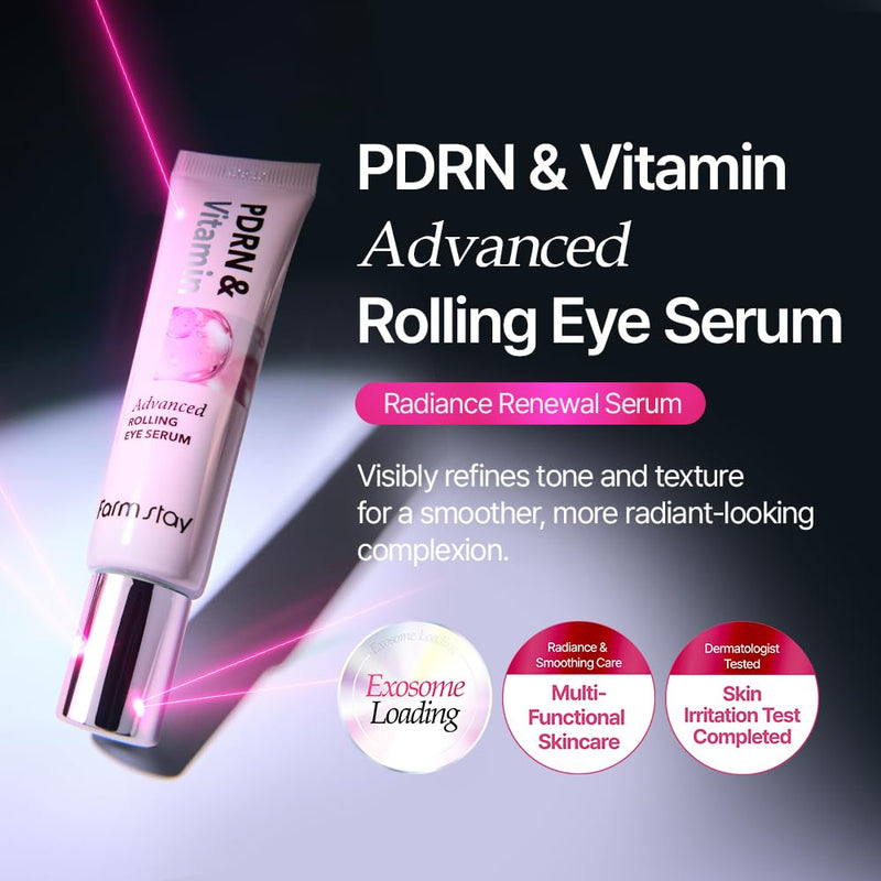 FARMSTAY PDRN & Vitamin Advanced Rolling Eye Serum | Puff Eye Bags Uneven Tone Dark Circles Korean Skincare Cream Gel Collagen KBeauty Elasticity Hyaluronic Acid Collagen 0.85 Fl Oz