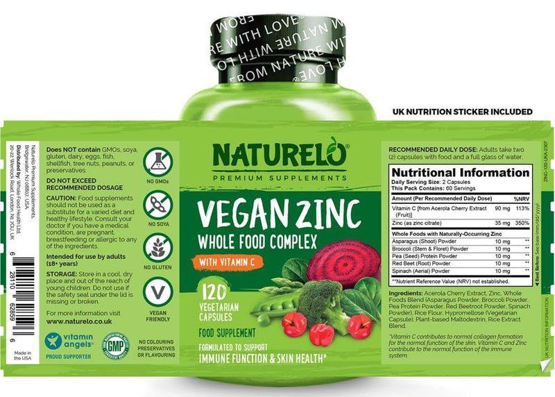 NATURELO Vegan Zinc Immune Support Capsules - Whole Food Complex with Vitamin C for Healthy Skin, Hair, and Nails - 120 Capsules